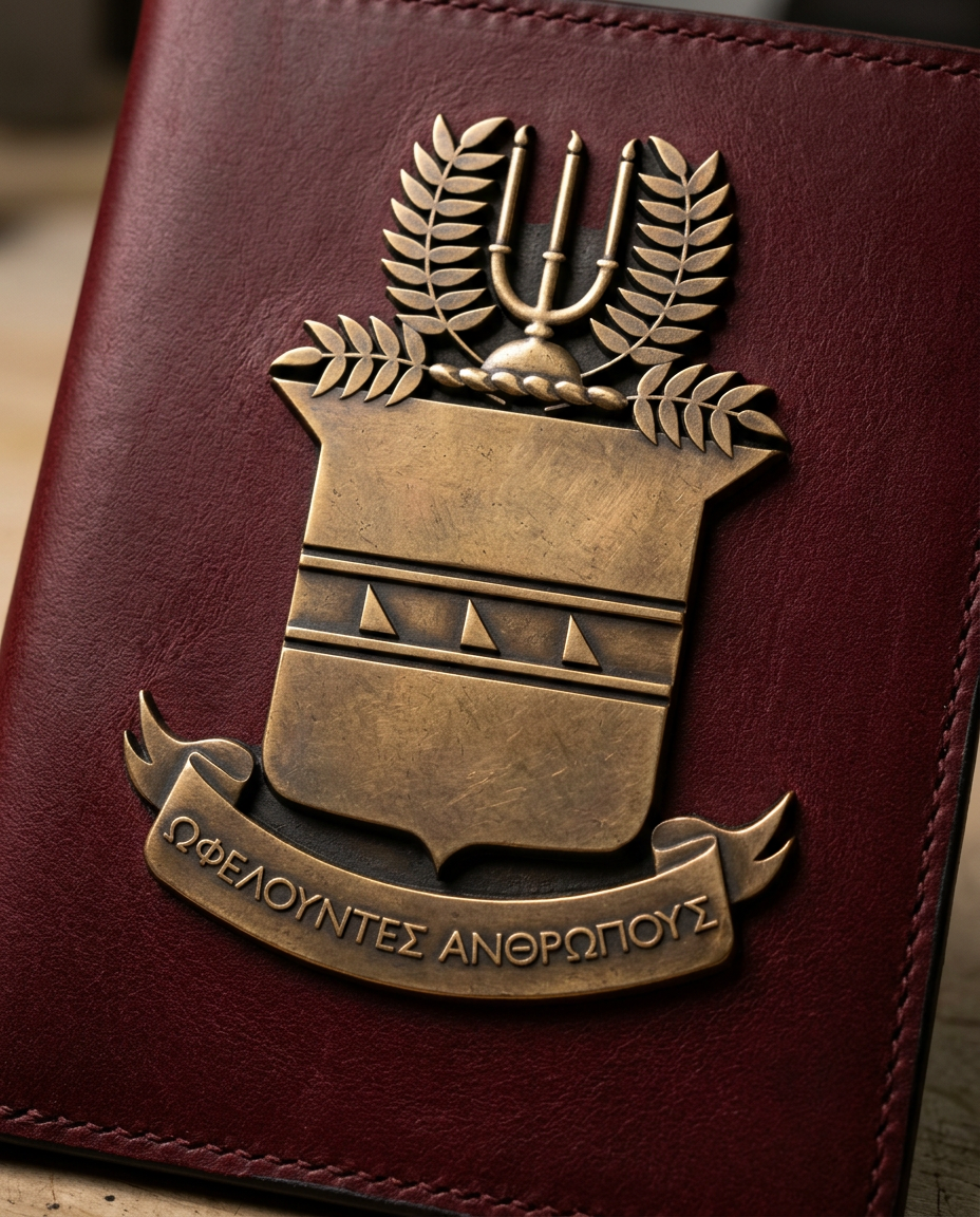 Cast bronze Acacia Fraternity coat of arms on oxblood leather, with laurel wreath, candelabra, and ΩΦΕΛΟΥΝΤΕΣ ΑΝΘΡΩΠΟΥΣ motto banner